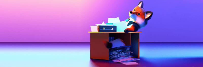 Ein Fuchs sitzt an einem Schreibtisch voller Papier