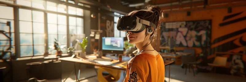 eine Frau steht mit VR-Brille in einem modernen Büro