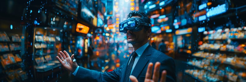 Ein Geschäftsmann mit VR-Brille gestikuliert in einer bunten virtuellen Welt.
