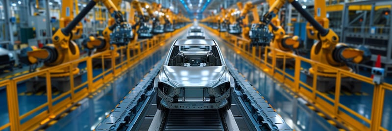 Ein Auto wird auf einer Fertigungsstraße von Robotern gebaut